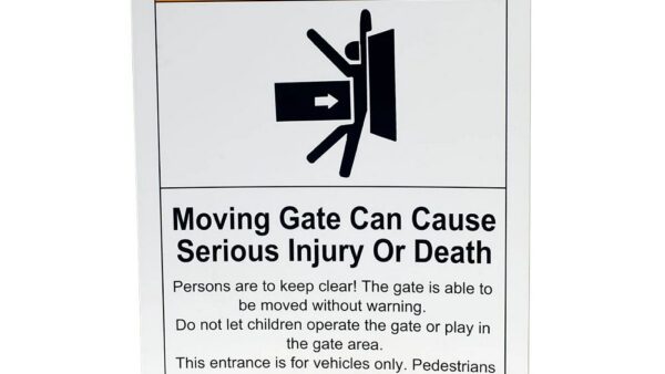WARNING SIGN, PLASTIC, "MOVING GATES"